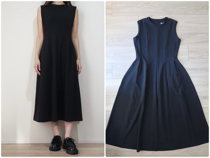 「ユニクロ シー」2026春夏新作コレクションの中から、ストレッチがきいて着やせもかなう「ブラックワンピース」をご紹介します。※画像：筆者撮影