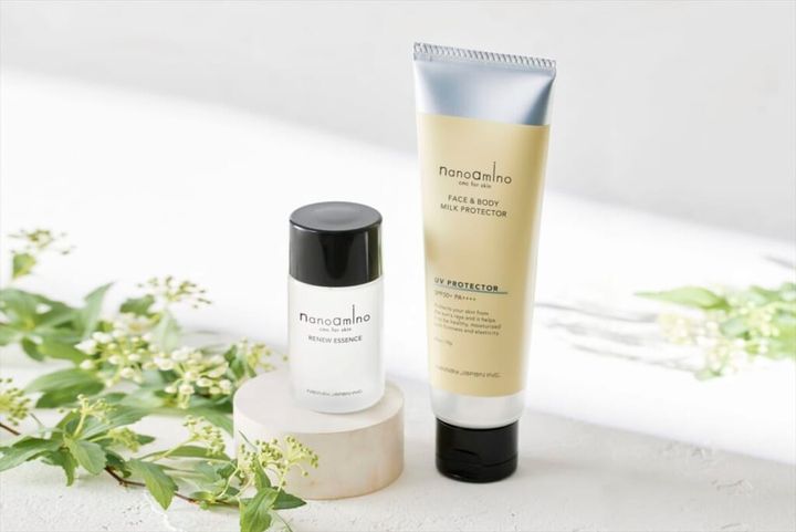 『ナノアミノ UVミルクプロテクター セラム フローラルデュー 70g』『ナノアミノ リニューエッセンス 30ml』