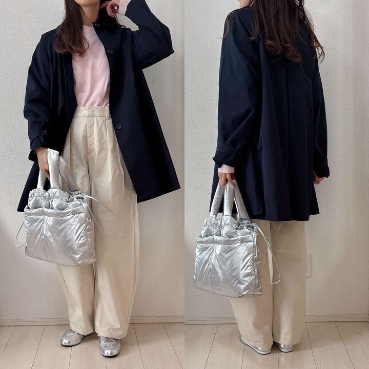 GUバルマカーンAラインハーフコート ホワイトパンツの春色コーデ