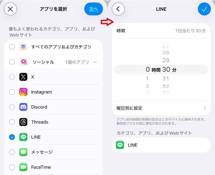 「ソーシャル」カテゴリの中から「LINE」にチェックを入れ次へ進みます
