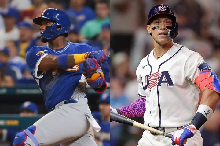 ベネズエラ代表ロナルド・アクーニャJr.（左）とアメリカ代表アーロン・ジャッジ（C）Getty Images