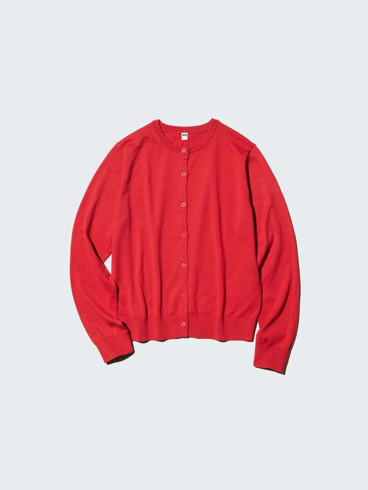 2026春ユニクロ大人女性おすすめ赤UVカットクルーネックカーディガン