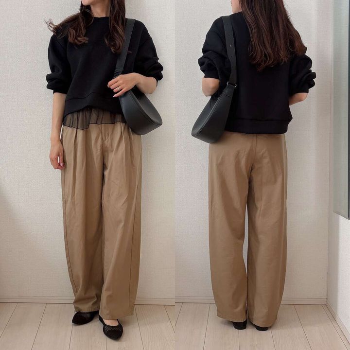 GUブラフィールペプラムキャミソールとスウェットレイヤードコーデ