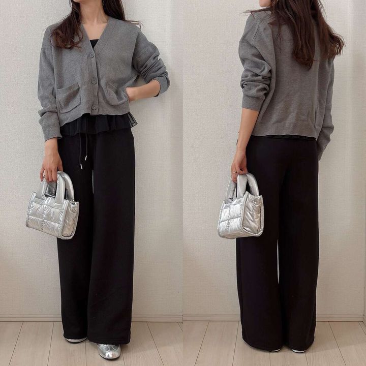 GUブラフィールペプラムキャミソールとスウェットパンツコーデ