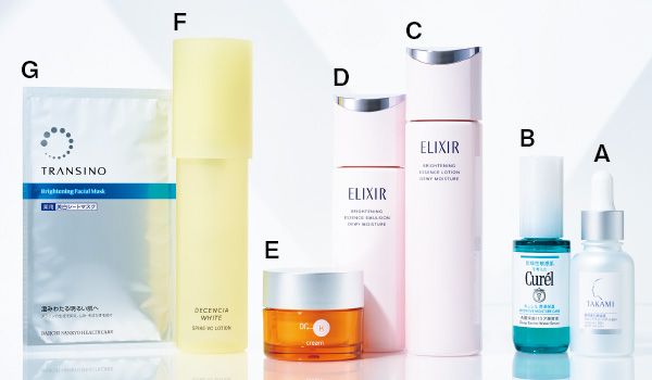 タカミブライトスポットB3＋／キュレル 潤浸保湿 角層深部バリア美容液／ブライトニング ローション みずみずしいタイプ ca／ブライトニング エマルジョン みずみずしいタイプ ca／薬用ABC-GプレミアムクリームTA／ディセンシアホワイト スパイク－VC ローション／トランシーノ 薬用ブライトニングフェイシャルマスク