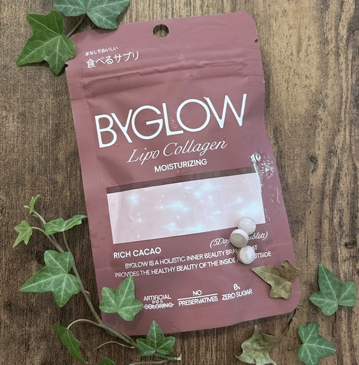 バイグロー リポコラーゲン リフトショット タブレット。カカオ風味が美味しい食べる美容サプリ。