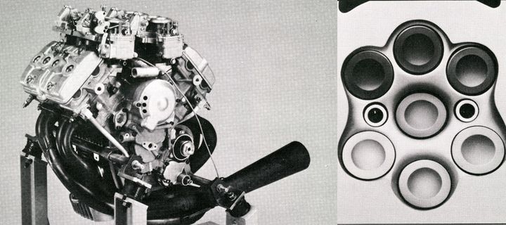 1977年の東京モーターショーにYZR1000というV4試作レーサーを展示したヤマハだったが、水面下では気筒あたり7バルブの500㏄V4世界GPマシンも開発されていたのはほとんど知られていない。Vバンク間にフューエルインジェクションを備え前後に8本の排気管を配置