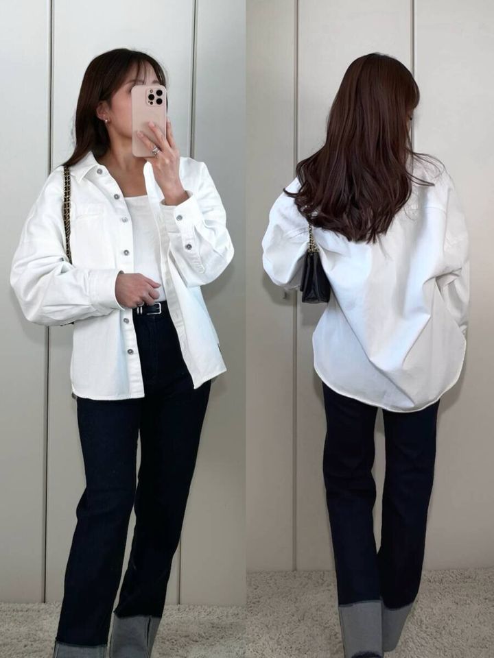 ユニクロデニムリラックスシャツジャケットとデニムパンツコーデ