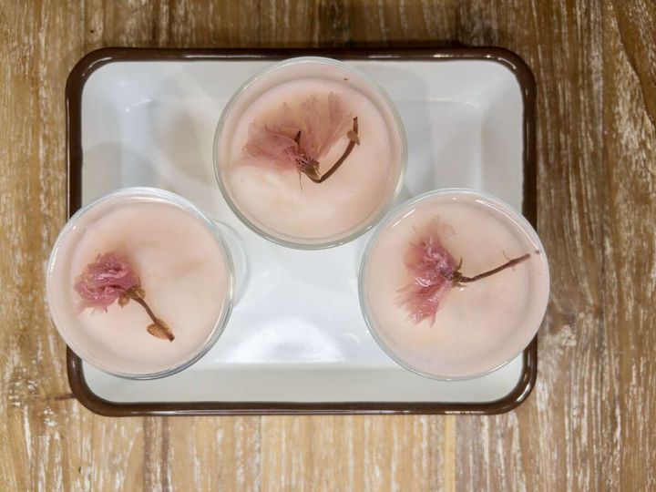 ブラマンジェの上に③の桜の塩漬けを乗せ、④の桜ジュレを注いで冷蔵庫で2時間ほど冷やしたら、完成です