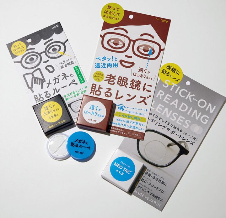 NEO TAC（ネオタック） （右）リーディングサポートレンズ、（中）老眼鏡に貼るレンズ、（左）メガネに貼るルーペ