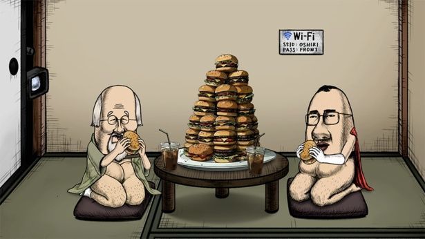 二宮が演じるおしり前レジェンド(左) [c]2026映画「おしり前マン」/ ⾕⼝崇 