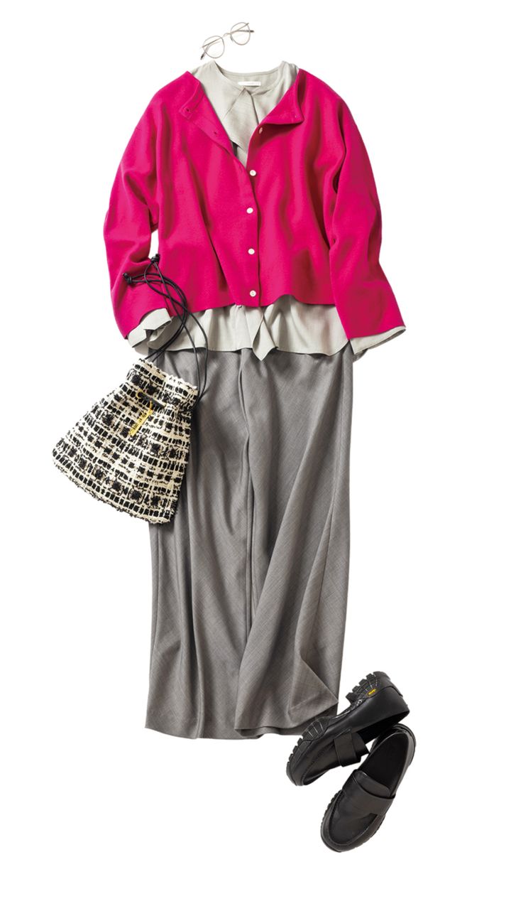 カーディガン¥15,400／コンジェ ペイエア デュートリステス、ブラウス¥39,600／エブ ール（リトルリーグ インク）、 パンツ¥8,789／ドゥクラッセ，メガネ¥54,780／オリバーピープルズ（ルックスオティカジャパンカスタマーサービス）、バッグ¥18,700／シャルマントサック、シューズ¥48,400／ヨーク（UTS PR）