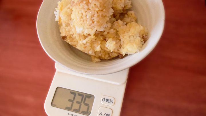 お皿の重さを抜いたごはんの重さは335g。