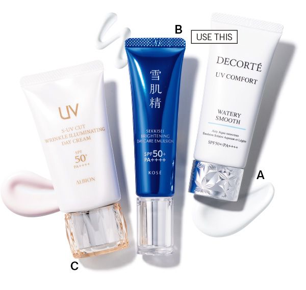 【A】UV コンフォート ウォータリースムース 【B】薬用雪肌精 ブライトニング デイケア アドバンス 【C】S-UV カット リンクル イルミネイティング デイクリーム