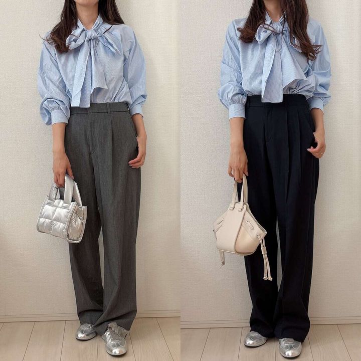 ユニクロGUタックワイドパンツ比較 ボウタイブラウス
