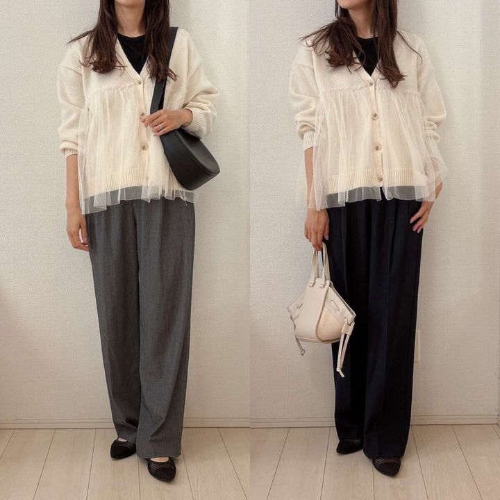 ユニクロGUタックワイドパンツ比較 チュール付カーディガン