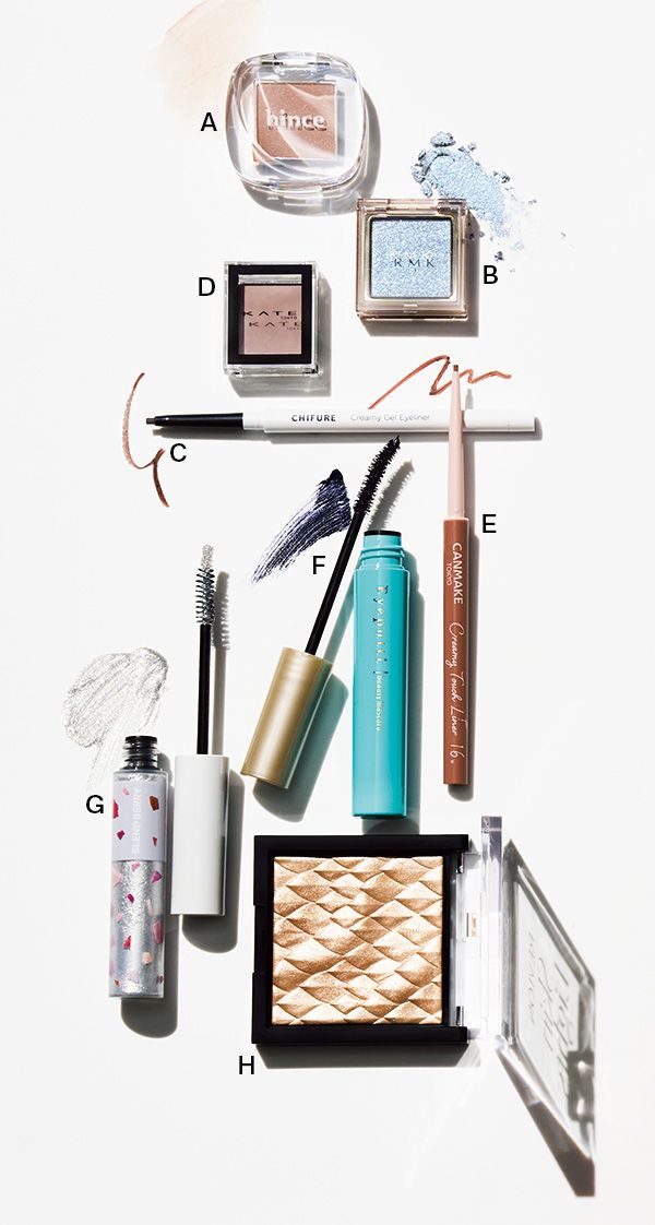 【A】ヒンス シングルアイシャドウ 【B】RMK インフィニシェイド シングル アイシャドウ 【C】ちふれ クリーミー ジェルアイライナー 【D】ケイト ザ アイカラー 【E】キャンメイク クリーミータッチライナー 【F】アイプチ ひとえ・奥ぶたえ用マスカラ 【G】ブレンドベリー ダズリング ジェム マスカラ 【H】レブロン スキンライト プリズマティック ハイライター