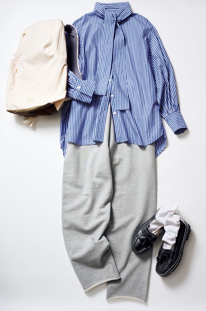 ローファー￥36,300 ／ジーエイチバス（ジーエイチバス トウキョウ）、スウェットパンツ￥23,100／アストラット（エディット ユナイテッドアローズ 梅田店）、シャツ￥24,200／ハリス（金万）、リュック￥13,200 ／ミレー（ミレー・マウンテン・グループ・ジャパン）、ソックス￥1,760／テンベア（テンベア トウキョウ）