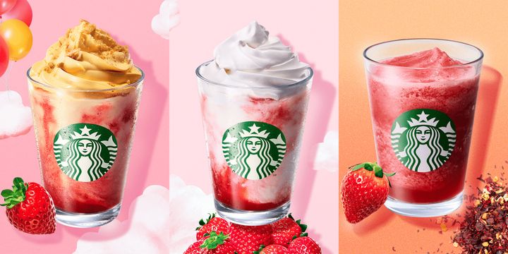 スターバックス「ストロベリー シュークリーム フラペチーノ／スターバックス ストロベリー フラペチーノ／ストロベリー ＆ パッション ソルベ ティー」