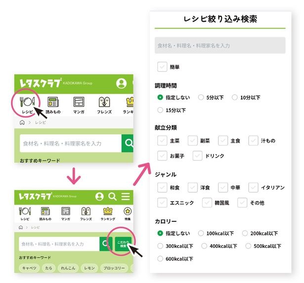 A．「こだわり検索」を使えば作りたいレシピがすぐ見つかる！
