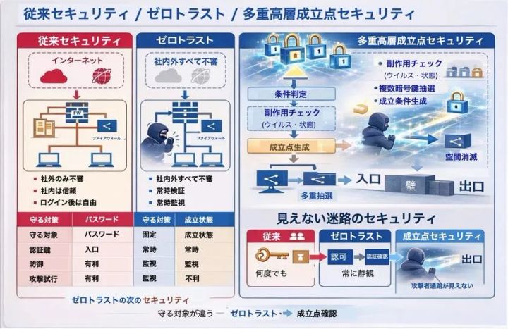 従来セキュリティ・ゼロトラスト・多重高層成立点セキュリティ