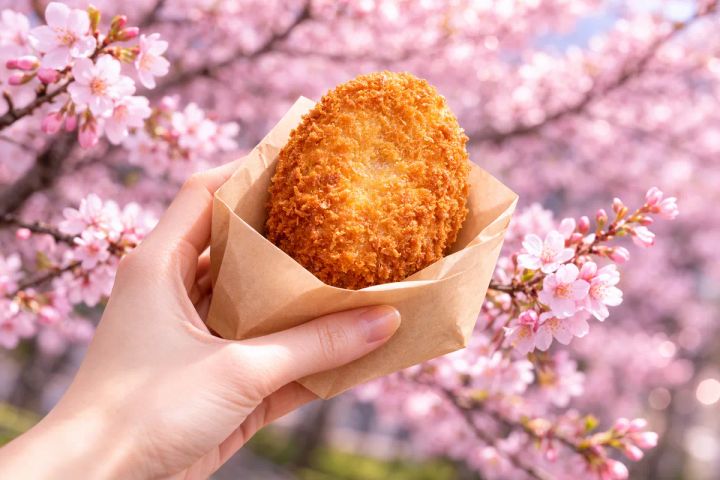 満開の桜を背景に揚げたてコロッケを手に持つ食べ歩きフォト