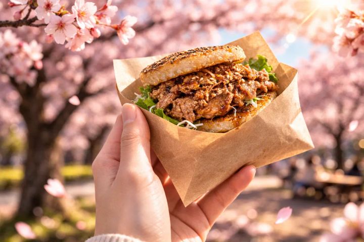 桜の下で楽しむ黒毛和牛ライスバーガー