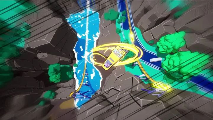 崖と滝の間をジャンプトリックで駆け抜けるシーン