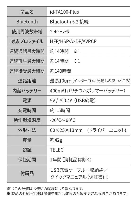 id-TA100-Plus 製品スペック表
