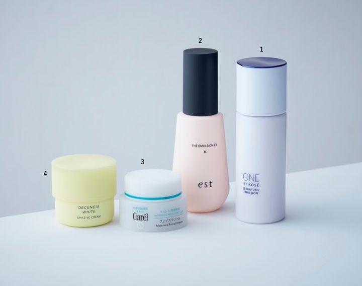 1_強固な潤いバリアを築く高保湿乳液「ライスパワー配合で、しっかり潤う肌に」。ONE BY KOSÉ セラムヴェール エマルジョン 135mL ¥3,850〈編集部調べ〉（コーセー） 2_砂漠級の乾燥環境でも潤いをキープ「抜群の保湿力でもベタつかないから、メイク前にも使いやすい」。エスト ザ エマルジョン EX M 120g ¥7,370（エスト） 3_しっとり潤しながら肌荒れもケア「ふわっと軽い使用感が◎。肌がゆらぎがちな時にも頼れます」。キュレル 潤浸保湿 フェイスクリーム［医薬部外品］40g ¥2,970〈編集部調べ〉（花王） 4_透明感を育む ぷるぷるクリーム「みずみずしい感触で、美白も保湿ケアも両取りできる！」。ディセンシアホワイト スパイクーVC クリーム［医薬部外品］30g ¥6,600（ディセンシア・３月10日発売）