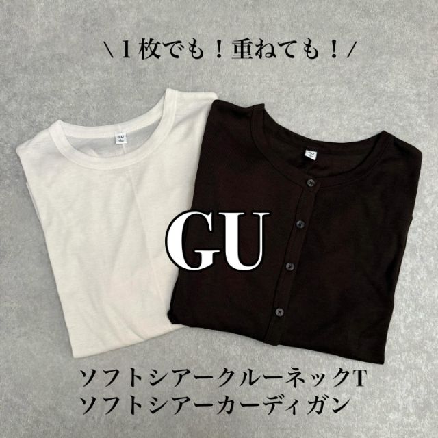 ブラウンのソフトシアーカーディガンと白のソフトシアークルーネックT