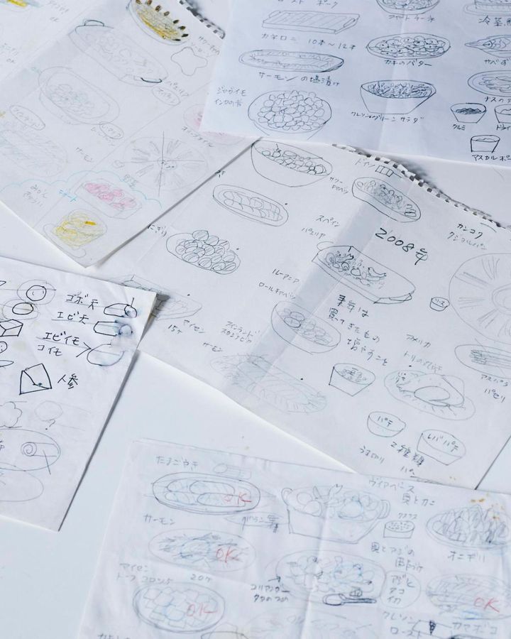 おもてなし料理のスケッチ。「来年は買ってきたもの増やすこと」なんてメモが。