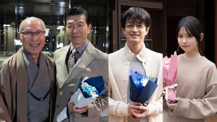 ドラマ『パンチドランク・ウーマン ‐脱獄まであと××日‐』よりクランクアップした（左から）山田明郷、大澄賢也、竹財輝之助、梶原叶渚 （C）日本テレビ width=