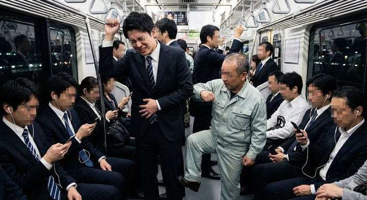 車内で若い男性に暴力をふるう初老の男性