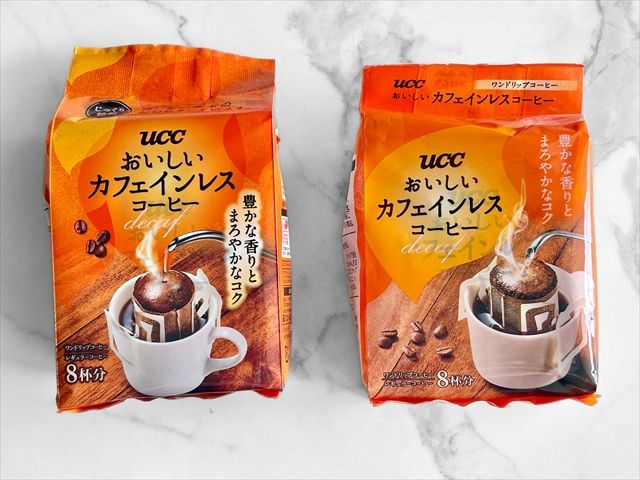 （左）リニューアル発売された『UCC おいしいカフェインレスコーヒー』（右）リニューアル前