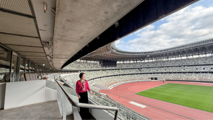 貴賓室バルコニーの様子（3階席）：私の左奥の茶色のシートが貴賓席です。
