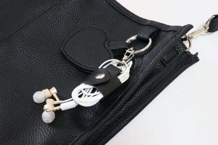 ダイソー ケーブルクリップ（フェイクレザー、カラビナタイプ） 使用例 イヤホン