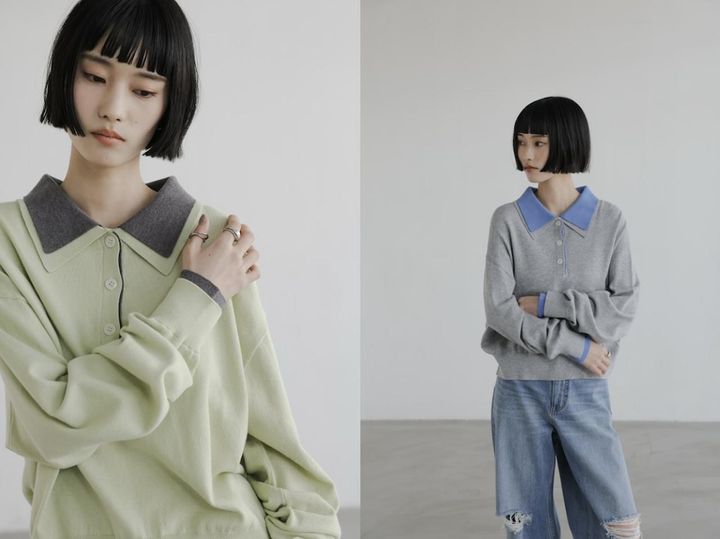 画像: バイカラーニットポロLS（グリーン/グレー）各¥5,500（ともにローリーズファーム） 出典：ローリーズファーム