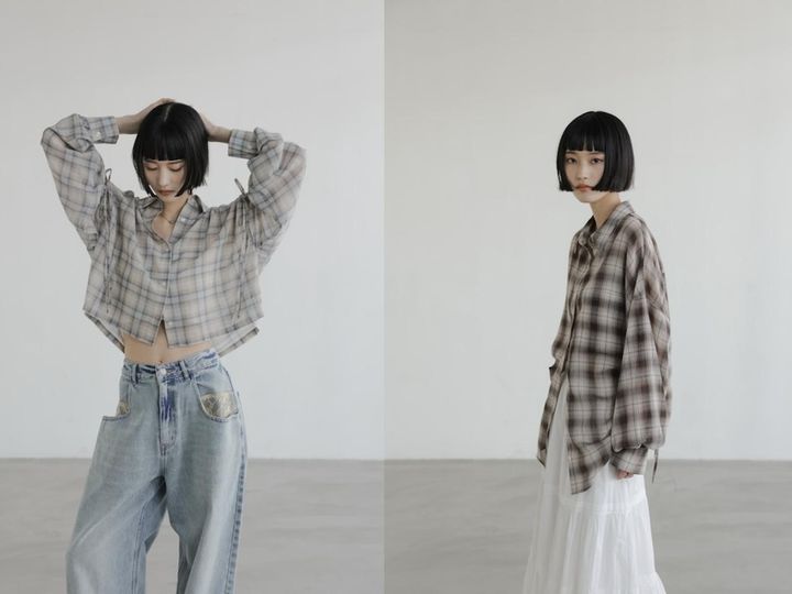 画像: シアーチェックシャツショート（ブルー）¥5,500、シアーチェックシャツロング（ブラウン）¥6,050（ともにローリーズファーム） 出典：ローリーズファーム