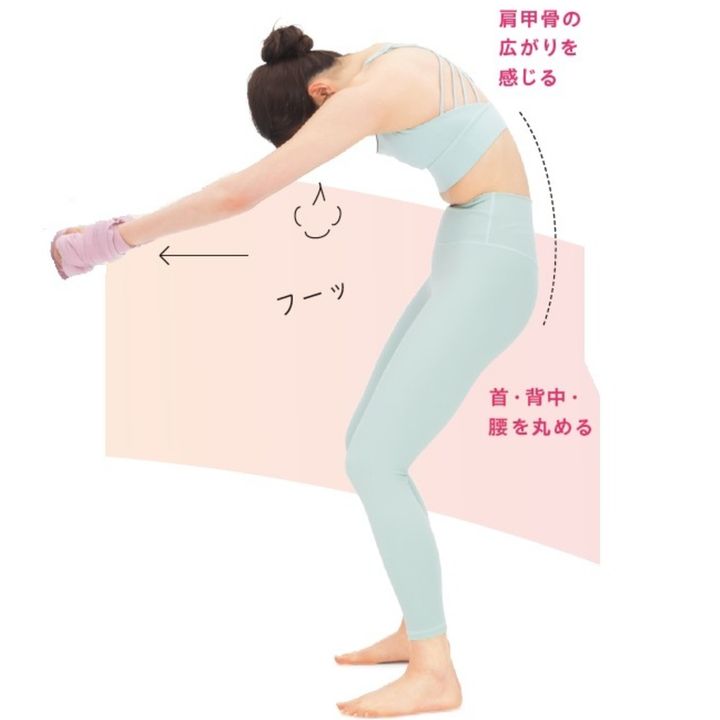 2～4. ひざを曲げ、首の力を抜いて頭を下ろし、背中が伸びるのを感じながら息を吐いて腕をグーッと伸ばす。そのまま上半身を左右にゆする。