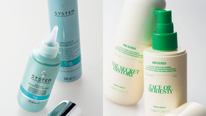 バランス インスタント スキャルプ ローション 125㎖ 、バランス プレシャンプーフォーム 200㎖、ヘア オイルミルク THE SECRET HISTORY、同FACE OF MODESTY