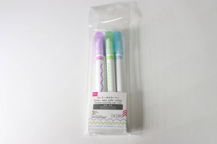 ダイソーのローラー付きカラーペン（点線、波線、3本）のパッケージ