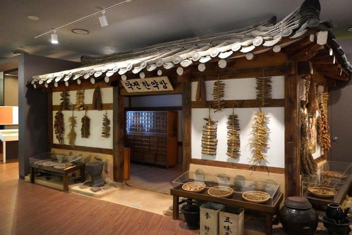 朝鮮時代の韓薬房（現在で言う韓医院）を再現した建物も。中には木で作られた薬棚が見えます。
