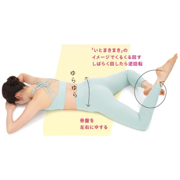 5. 骨盤を左右にゆすり、両足先がぶつからないよう円を描くように足を回す。数回繰り返したら反対に回す。