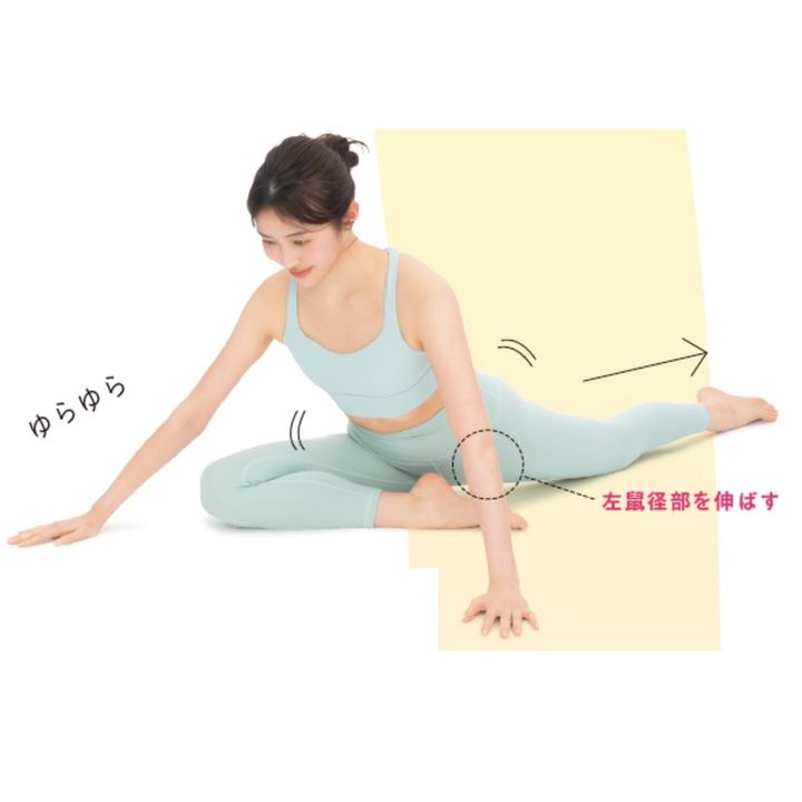 2. 手を肩幅より広げて、右脚を体の前に、左脚は後ろに伸ばし腰を左右にゆする。しばらく行う。背骨と骨盤から太ももの内側を繋ぐ「腸腰筋」の緊張をほぐすイメージ。