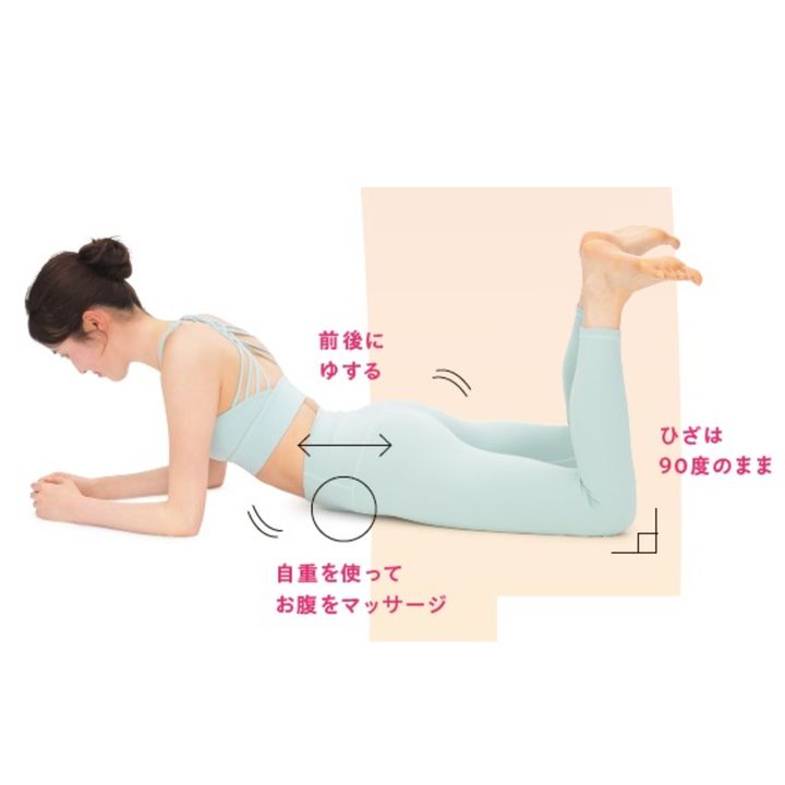 2. 両膝を90度に曲げ、体を前後にゆすってお腹をほぐす。