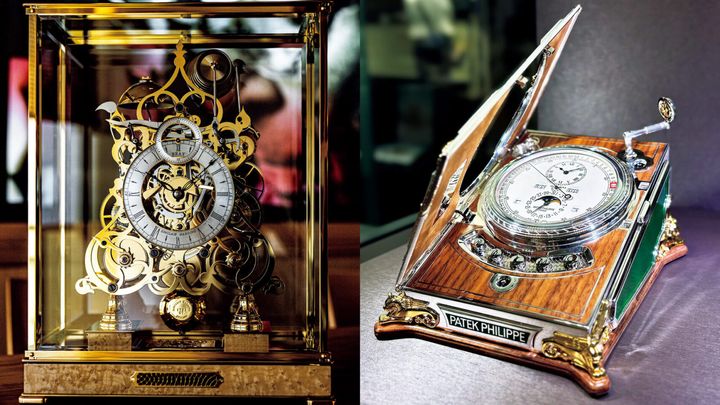 〈シンクレア・ハーディング〉の「スリートレイン・スケルトンクロック」、〈パテック フィリップ〉の「コンプリケーテッド・デスククロック」