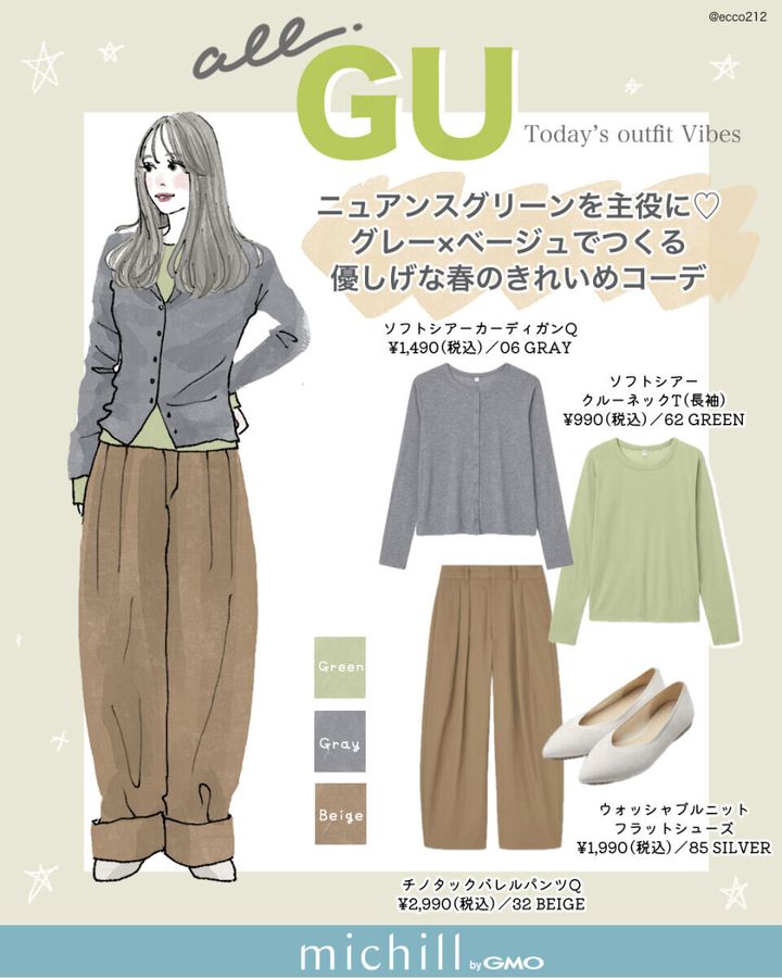 2026春上下GUライトグリーンコーデ