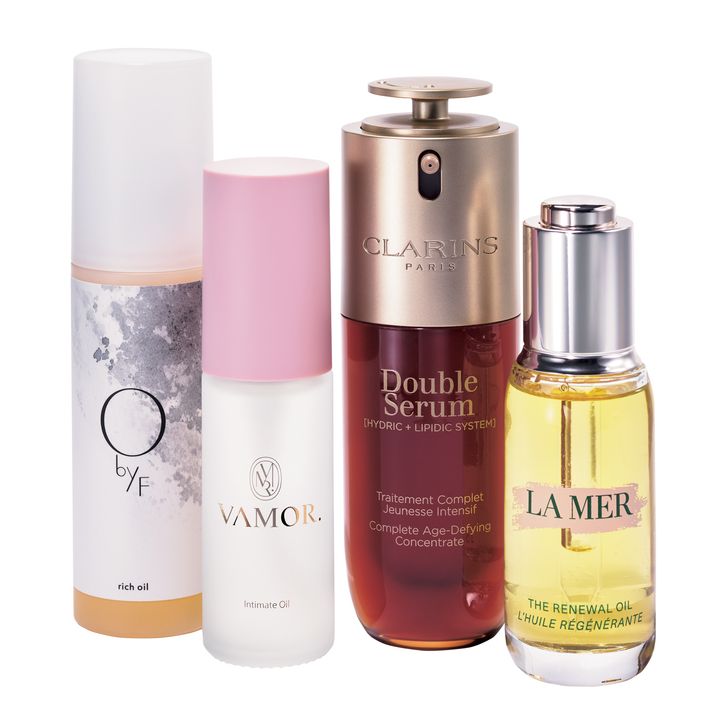 右から、ラ・メール ザ・リニューアル オイル、クラランス ダブル セーラム ADC 50ml、ヴァーゴ VAMOR. インティメイト オイル、O by F リッチオイル