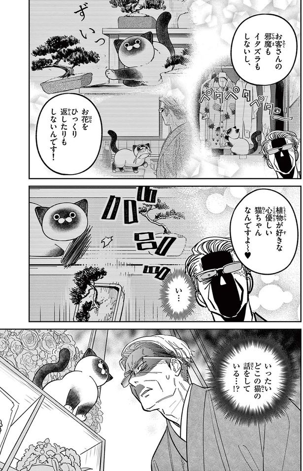 お客さんの邪魔もイタズラもしないし、お花をひっくり返したりもしないんです！ （C）片倉頼／小学館